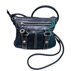Danier Crossbody Bag Contrast Stitch Black Leather Y2K Quiet Luxury OS